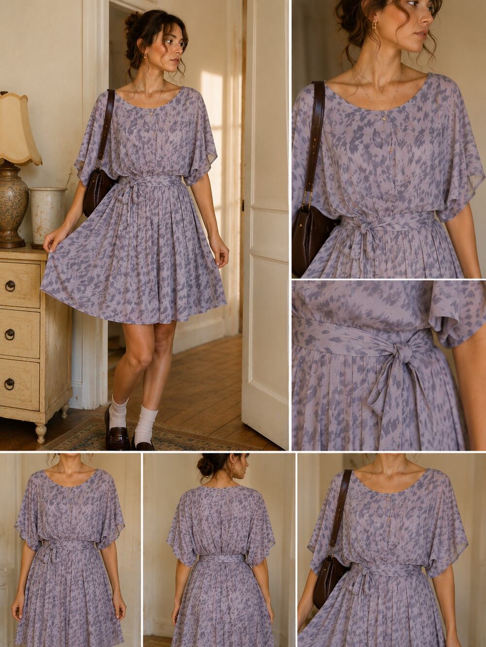 W118 Walter Baker Purple Gray Tie Waist Wing Sleeve Dress Medium